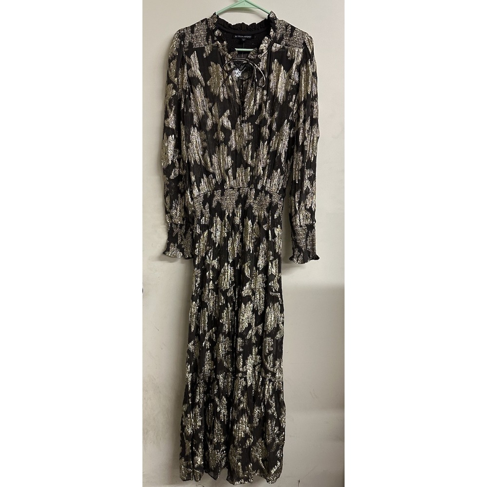 Boston Proper Maxi Dress M Sheer Gold Metallic Floral Smocked Brown Long Sleeve